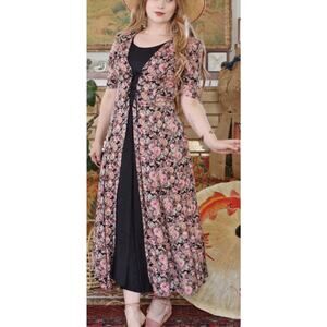 Vintage 90s Floral Midi Dress Lace Up Corset Front Cottagecore Grunge Starina M